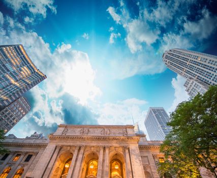 New York Public Library exterior with trees and surrounding buildings.