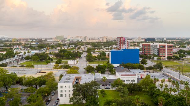 Aerial view of the downtown area of Miami, Florida, showing the colorful skyscrapers and densely packed buildings