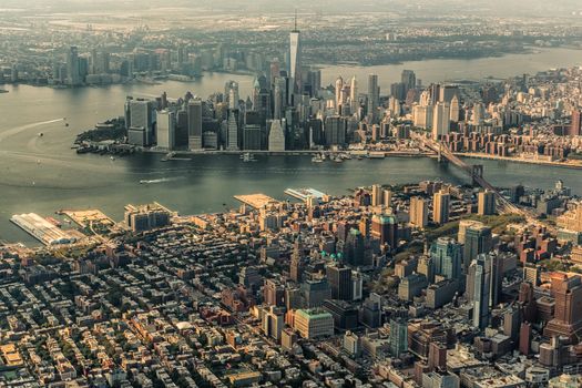 Aerial view of the Island of Manhattan and part of Queens Borough of New York