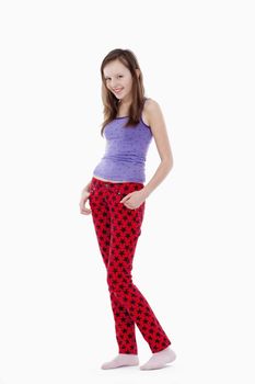 studio portrait of a pretty, eleven years old girl isolated on white