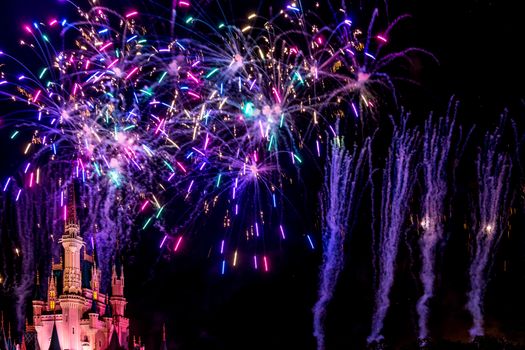 Orlando, Florida – Sept 4: The famous Wishes nighttime spectacular fireworks light up the sky at the Disney Magic Kingdom Castle in Orlando, Florida, on September 4, 2014