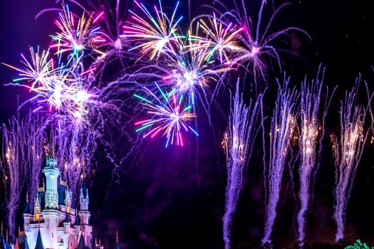 Orlando, Florida – Sept 4: The famous Wishes nighttime spectacular fireworks light up the sky at the Disney Magic Kingdom Castle in Orlando, Florida, on September 4, 2014