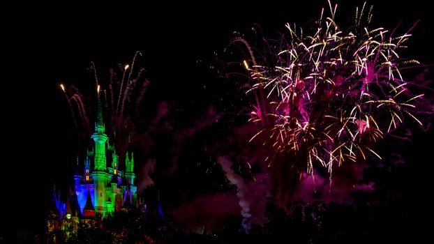 Orlando, Florida – Sept 4: The famous Wishes nighttime spectacular fireworks light up the sky at the Disney Magic Kingdom Castle in Orlando, Florida, on September 4, 2014