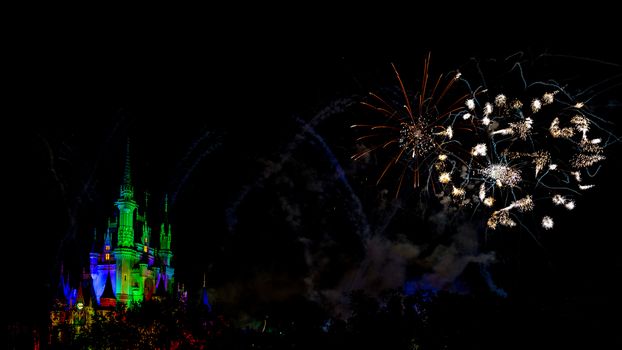 Orlando, Florida – Sept 4: The famous Wishes nighttime spectacular fireworks light up the sky at the Disney Magic Kingdom Castle in Orlando, Florida, on September 4, 2014