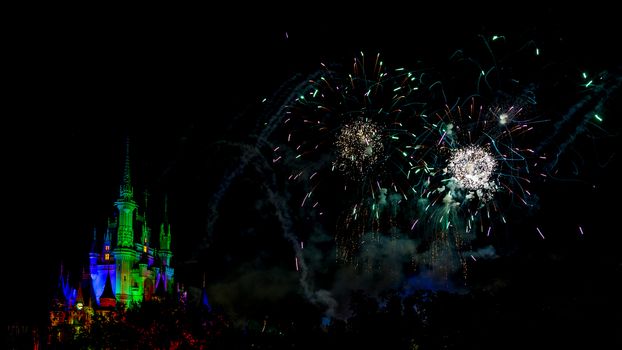 Orlando, Florida – Sept 4: The famous Wishes nighttime spectacular fireworks light up the sky at the Disney Magic Kingdom Castle in Orlando, Florida, on September 4, 2014