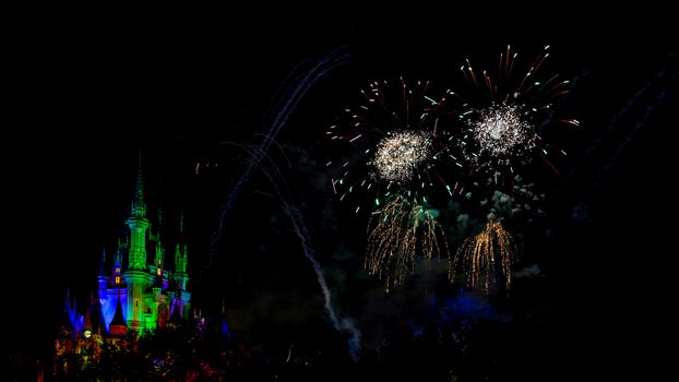 Orlando, Florida – Sept 4: The famous Wishes nighttime spectacular fireworks light up the sky at the Disney Magic Kingdom Castle in Orlando, Florida, on September 4, 2014