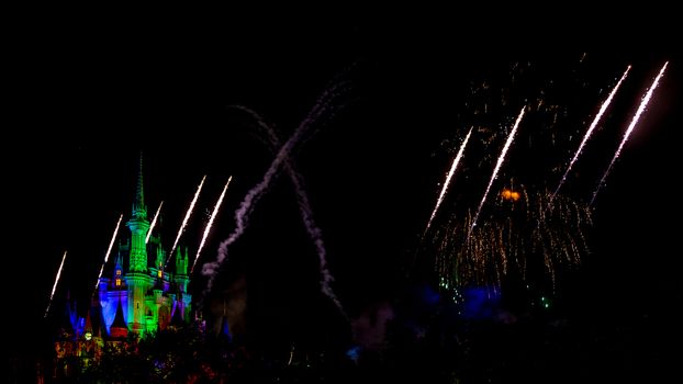 Orlando, Florida – Sept 4: The famous Wishes nighttime spectacular fireworks light up the sky at the Disney Magic Kingdom Castle in Orlando, Florida, on September 4, 2014