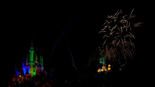 Orlando, Florida – Sept 4: The famous Wishes nighttime spectacular fireworks light up the sky at the Disney Magic Kingdom Castle in Orlando, Florida, on September 4, 2014