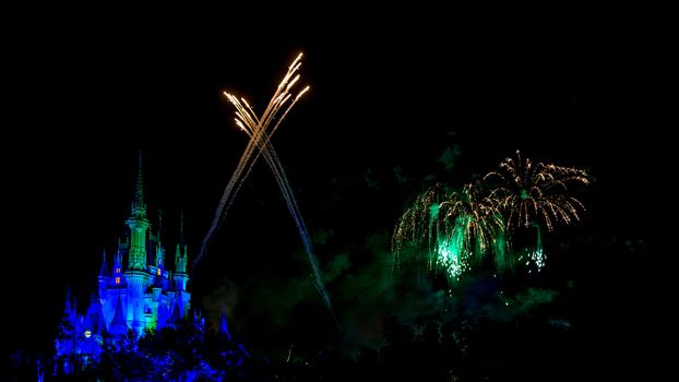 Orlando, Florida – Sept 4: The famous Wishes nighttime spectacular fireworks light up the sky at the Disney Magic Kingdom Castle in Orlando, Florida, on September 4, 2014