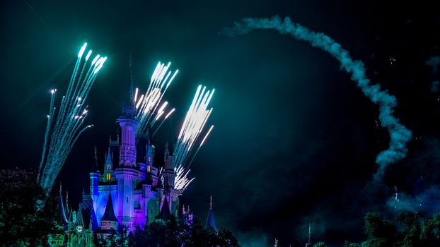 Orlando, Florida – Sept 4: The famous Wishes nighttime spectacular fireworks light up the sky at the Disney Magic Kingdom Castle in Orlando, Florida, on September 4, 2014