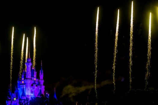 Orlando, Florida – Sept 4: The famous Wishes nighttime spectacular fireworks light up the sky at the Disney Magic Kingdom Castle in Orlando, Florida, on September 4, 2014