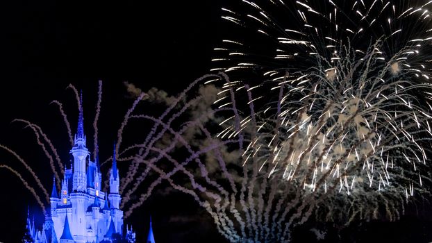 Orlando, Florida – Sept 4: The famous Wishes nighttime spectacular fireworks light up the sky at the Disney Magic Kingdom Castle in Orlando, Florida, on September 4, 2014