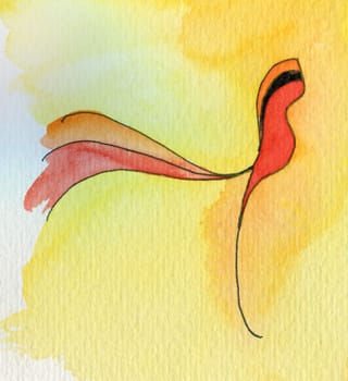 Red bird on yellow. Original watercolor painting abstract. 