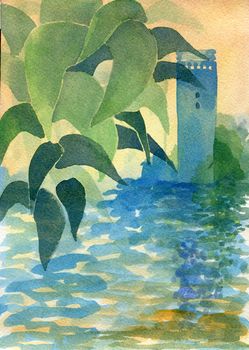 Leaves and water. Original watercolor painting with texture.