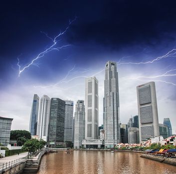 Singapore river and skyline. Beautiful view during a storm.