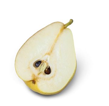 Close up of a pear fruit slice, isolated on white background