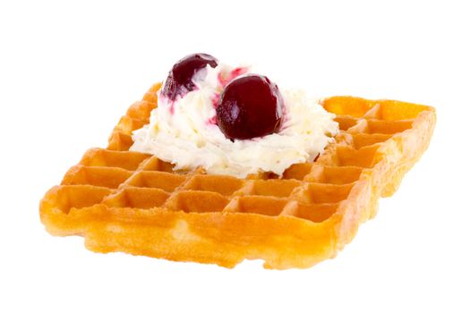 Brussels waffle with cream and cherries brightened