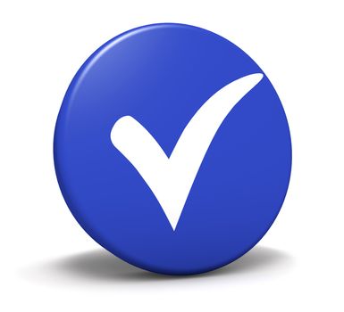 Blue button with check mark symbol and icon for approved, correct, check list concept and web graphic on white background.