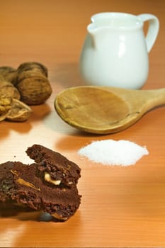 Photo shows a closeup of a various baking ingredients on a table.