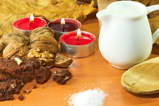 Photo shows a closeup of a various baking ingredients on a table.