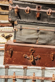 old luggage outside a telegraph station on route one in Maine, Usa