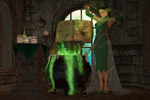 A snake witch puts an evil spell on a cauldron full of green potions and seasonings.