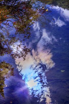 Fall Red Colors Sky Blue Blue Water Reflection Abstract Wenatchee River Stevens Pass Leavenworth Washington