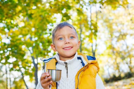 Portrait of Adorable cute boy resting and drinking tea from a thermos in the beauty autumn park 