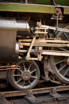 piston and wheel detail of an old steam locomotive