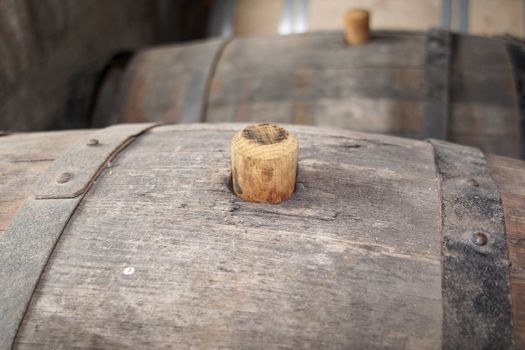 Close-up to a hogshead, wine cellar in Georgia, Europe