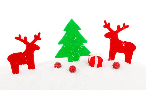Red christmas deer, xmas decoration with copy space, isolated over white