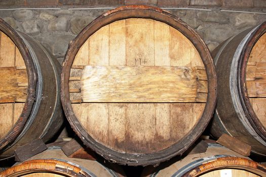 Close-up to a hogshead, wine cellar in Georgia, Europe