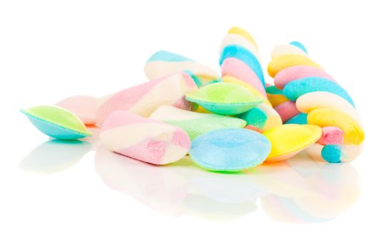 color marshmallows on white background.