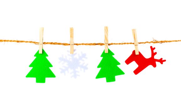 Christmas decorations hanging isolated on white background