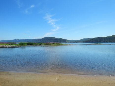 sandy beach overlooking the Volga Zhiguli Mountains 