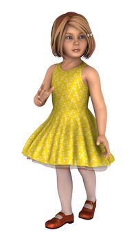 3D digital render of a little girl in a yellow dress isolated on white background