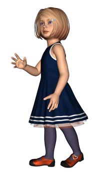 3D digital render of a little girl in a blue navy dress isolated on white background