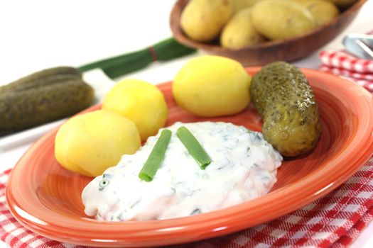 Potatoes with curd and pickles on a light background