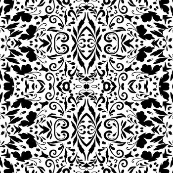 Seamless abstract floral pattern with symbolical butterflies, black silhouettes on white background.