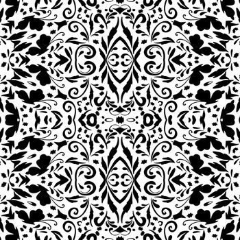 Seamless abstract floral pattern with symbolical butterflies, black silhouettes on white background.