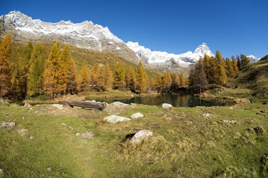 Matterhorn and Blue Lake in autumn sunny day, Aosta Valley