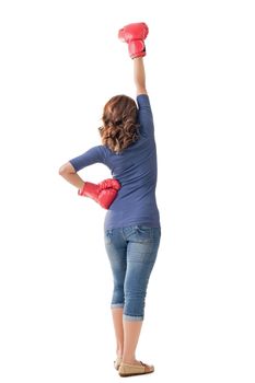 Fighting girl concept, rear view full length portrait of Asian isolated on white.