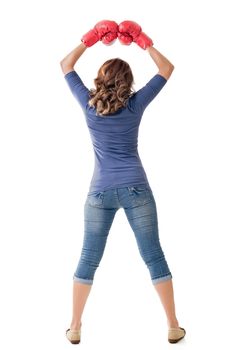 Fighting girl concept, rear view full length portrait of Asian isolated on white.