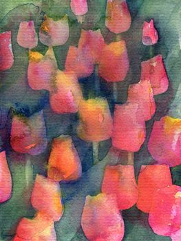 Red Tulips Texture. Abstract original watercolor background texture. 