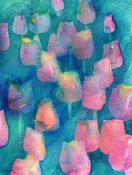 Turquoise Tulips Texture. Abstract original watercolor background texture. 