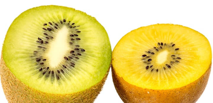 Green and golden kiwi fruit isolated on white background