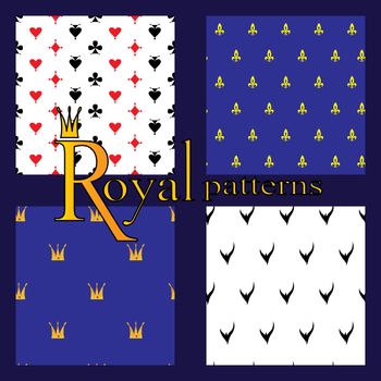 Set of 4 simple royal patterns, with crowns, card suits, lilies and Ermine.