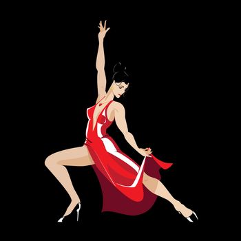Vector dancer of tango in a scarlet dress on black background.