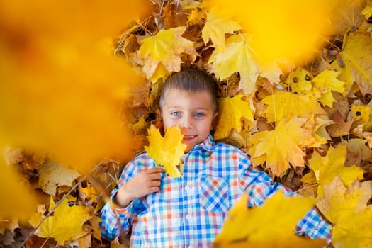 Portrait of Adorable cute boy lying on leaves in the beautiful  autumn park