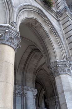 Partial view of the Town Hall building in Vienna, Austria. Gothic style.